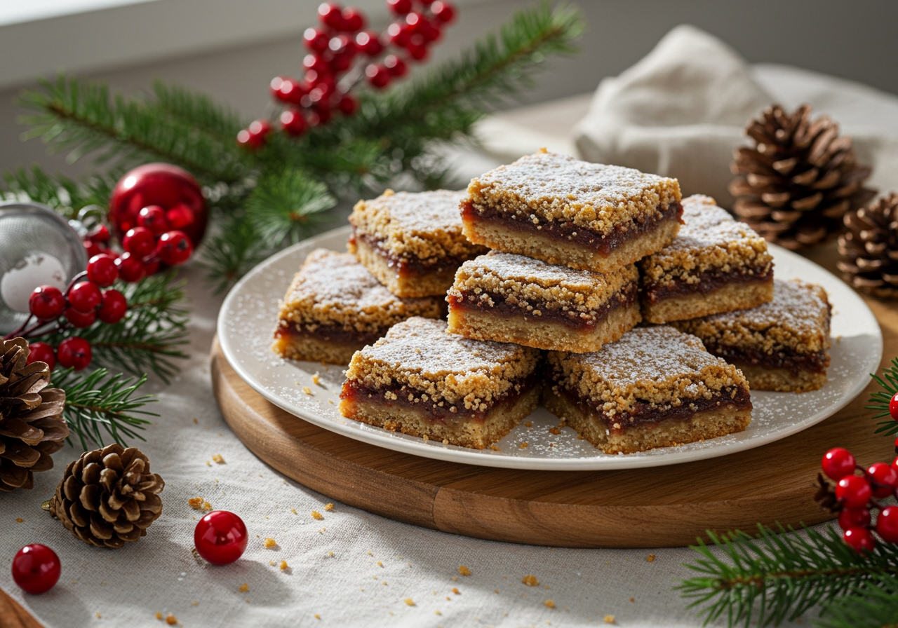 A beautifully arranged plate of freshly baked gluten-free holiday bliss cookie bars, some topped with powdered sugar, surrounded by festive holiday decorations like pinecones and red berries.