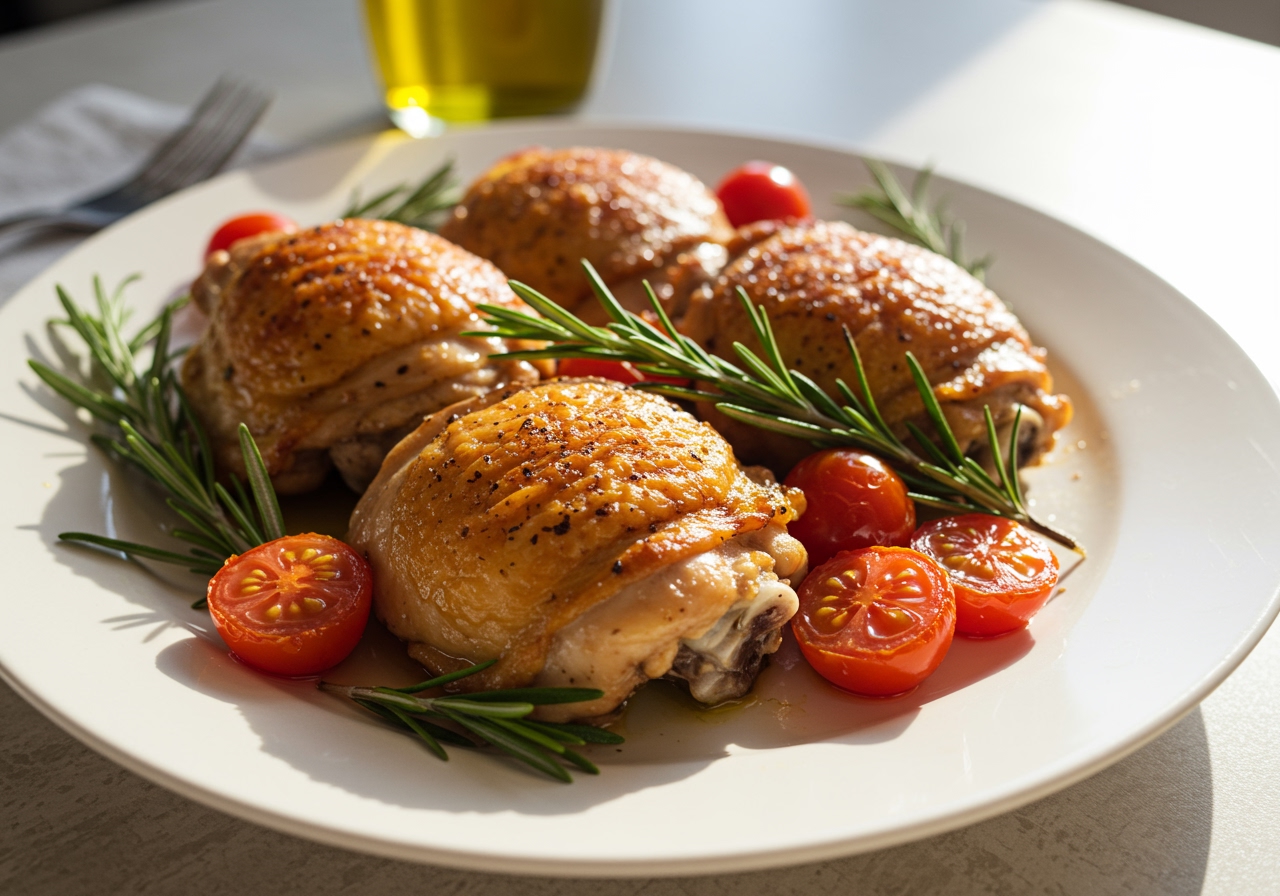 A beautifully arranged plate of golden-brown baked Italian chicken thighs, garnished with fresh rosemary, cherry tomatoes, and a drizzle of olive oil. The chicken looks juicy and well-seasoned. Sunlight streams onto the dish, highlighting its appetizing appeal.