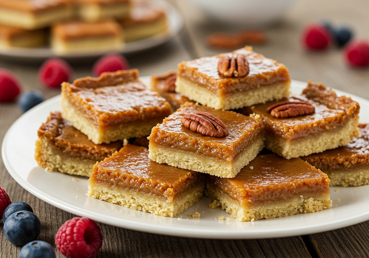 A beautifully arranged plate of healthy butter tart squares, with a golden-brown crust and a glossy, slightly caramel-colored filling. Some squares have a pecan half on top. The background is a rustic wooden table with soft, natural lighting, implying a cozy, home-baked feel. There are a few fresh berries scattered around for garnish.