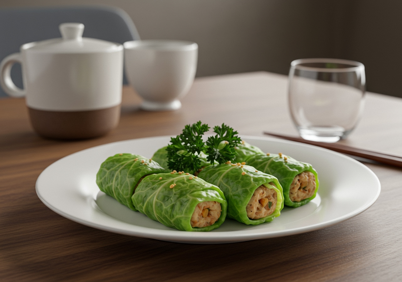 A beautifully arranged plate of healthy Japanese-style cabbage rolls, garnished with fresh parsley, in a modern dining setting.