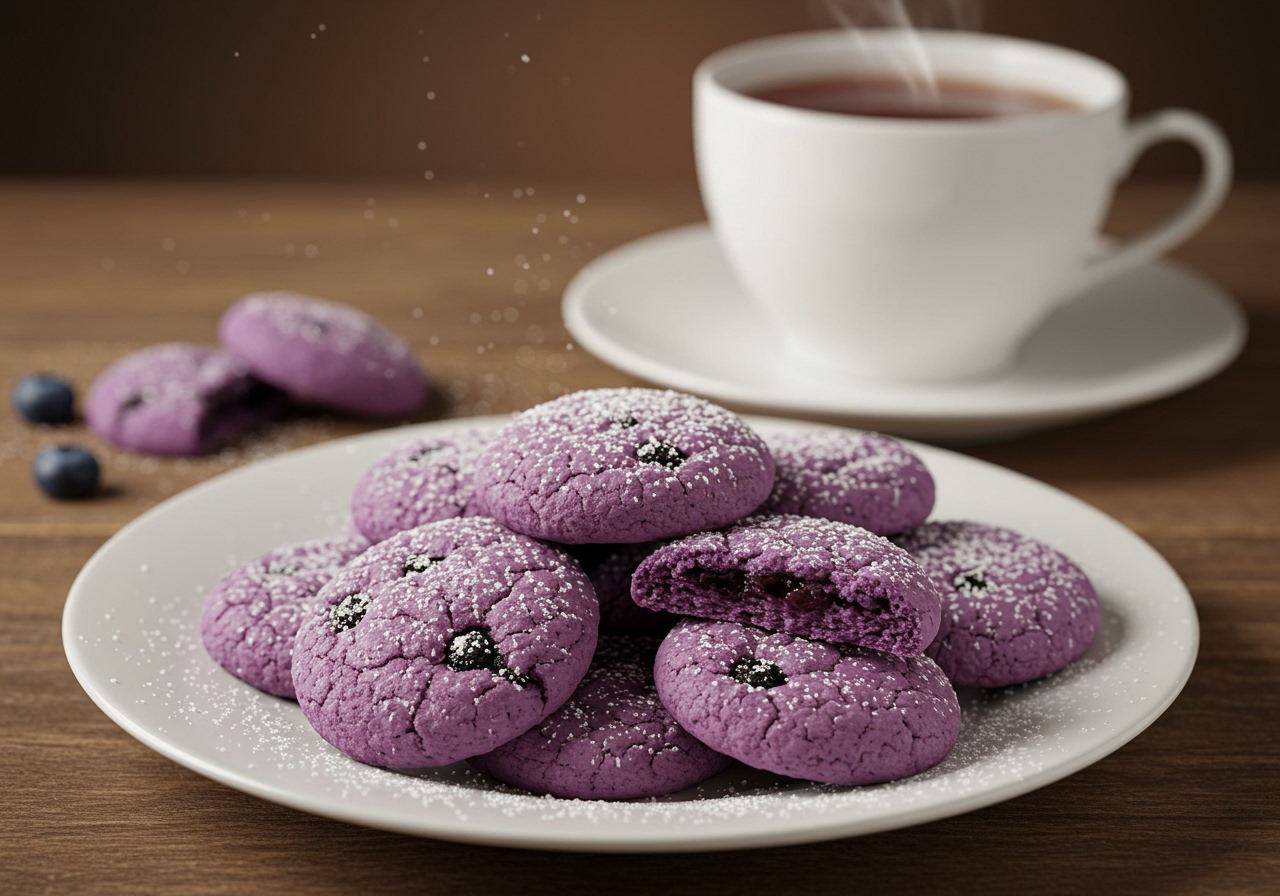 A beautifully arranged plate of lavender-colored blueberry cookies with a cup of tea or coffee in the background.