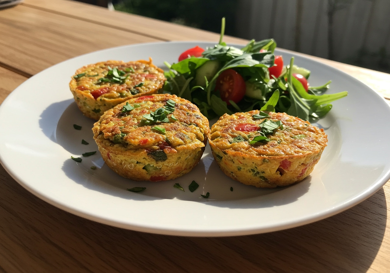 A beautifully arranged plate of mini quinoa frittatas, garnished with fresh herbs, alongside a small salad. The frittatas are golden brown and show visible quinoa and colorful vegetables. Sunlight streams into the scene.