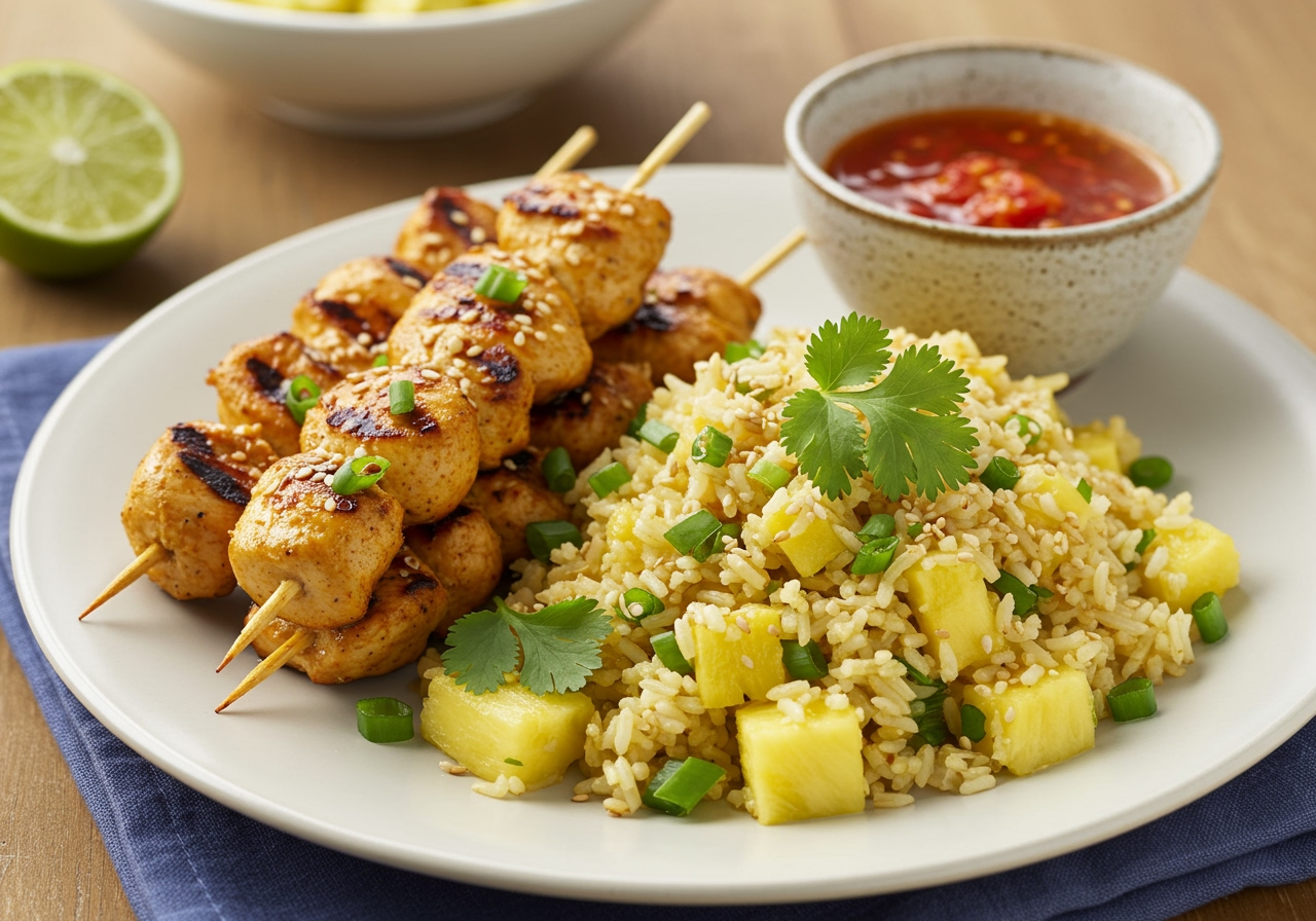 A beautifully arranged plate of pineapple lime rice with a side of grilled chicken skewers and a small bowl of spicy dipping sauce, presented in an Asian style setting.