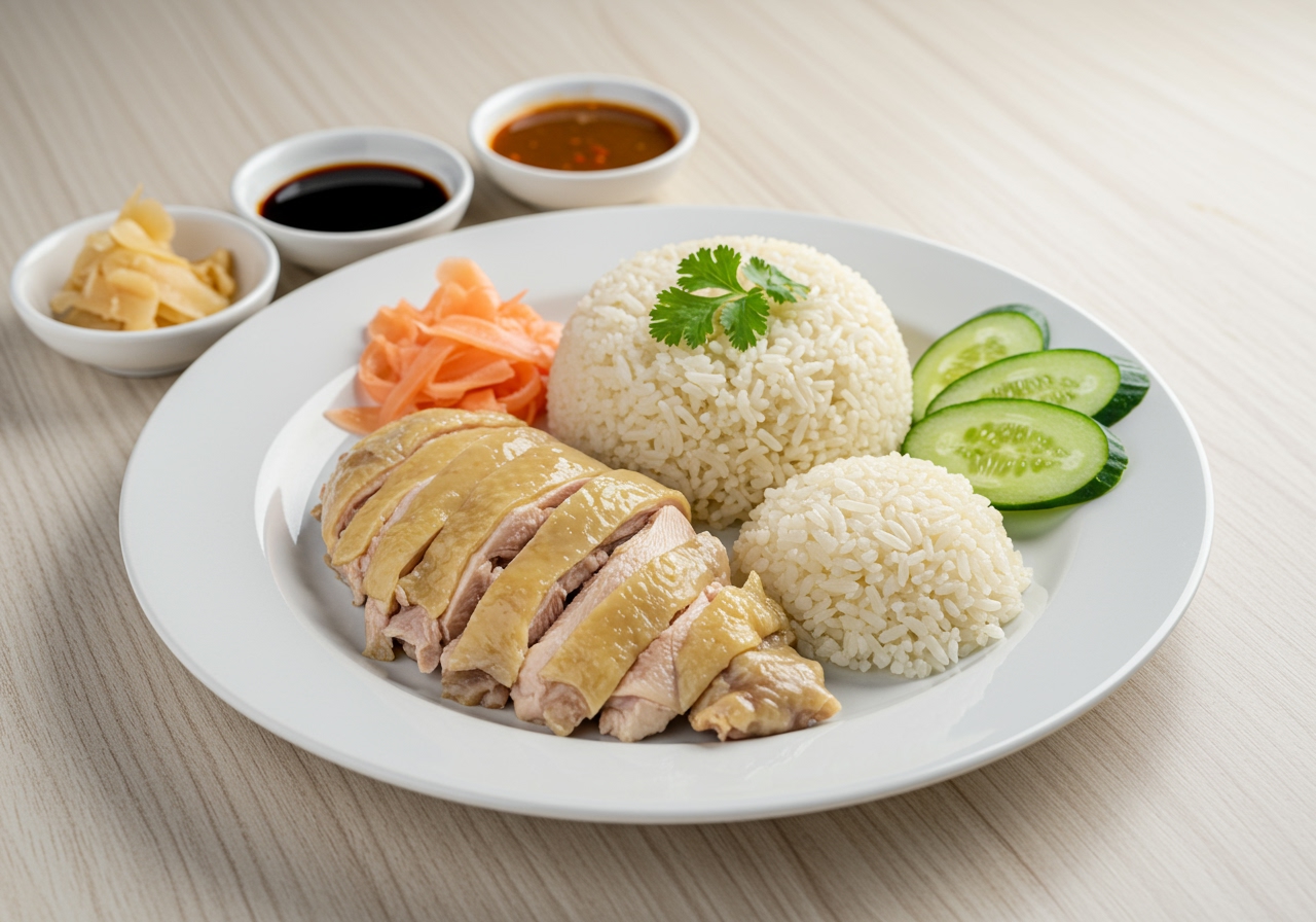A beautifully arranged plate of Singaporean Chicken Rice with steamed chicken slices, fragrant rice, cucumber slices, and small bowls of ginger, chili, and dark soy sauces on the side. The background is a clean, light wood table.