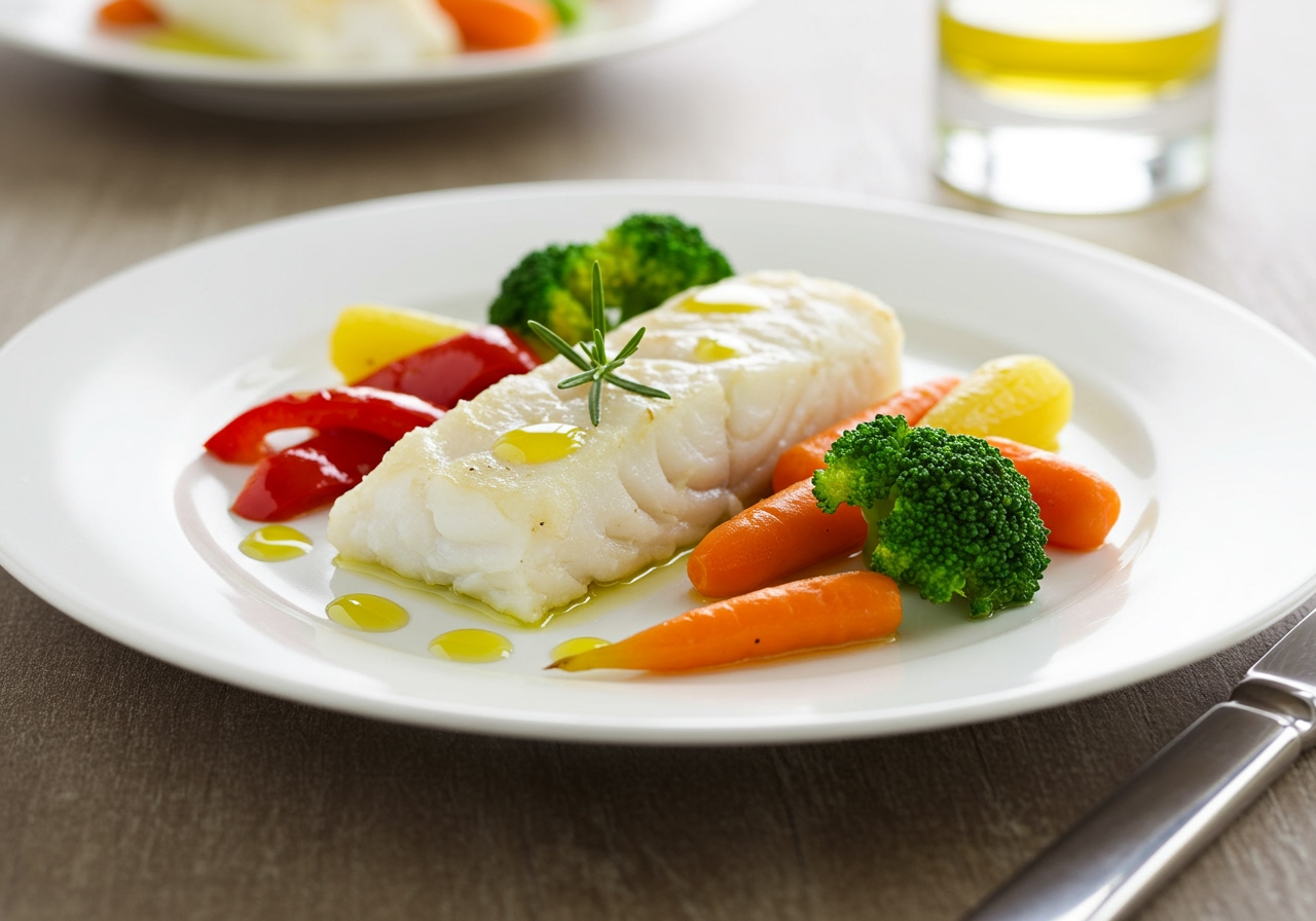 A beautifully arranged plate of steamed white fish and colorful vegetables.