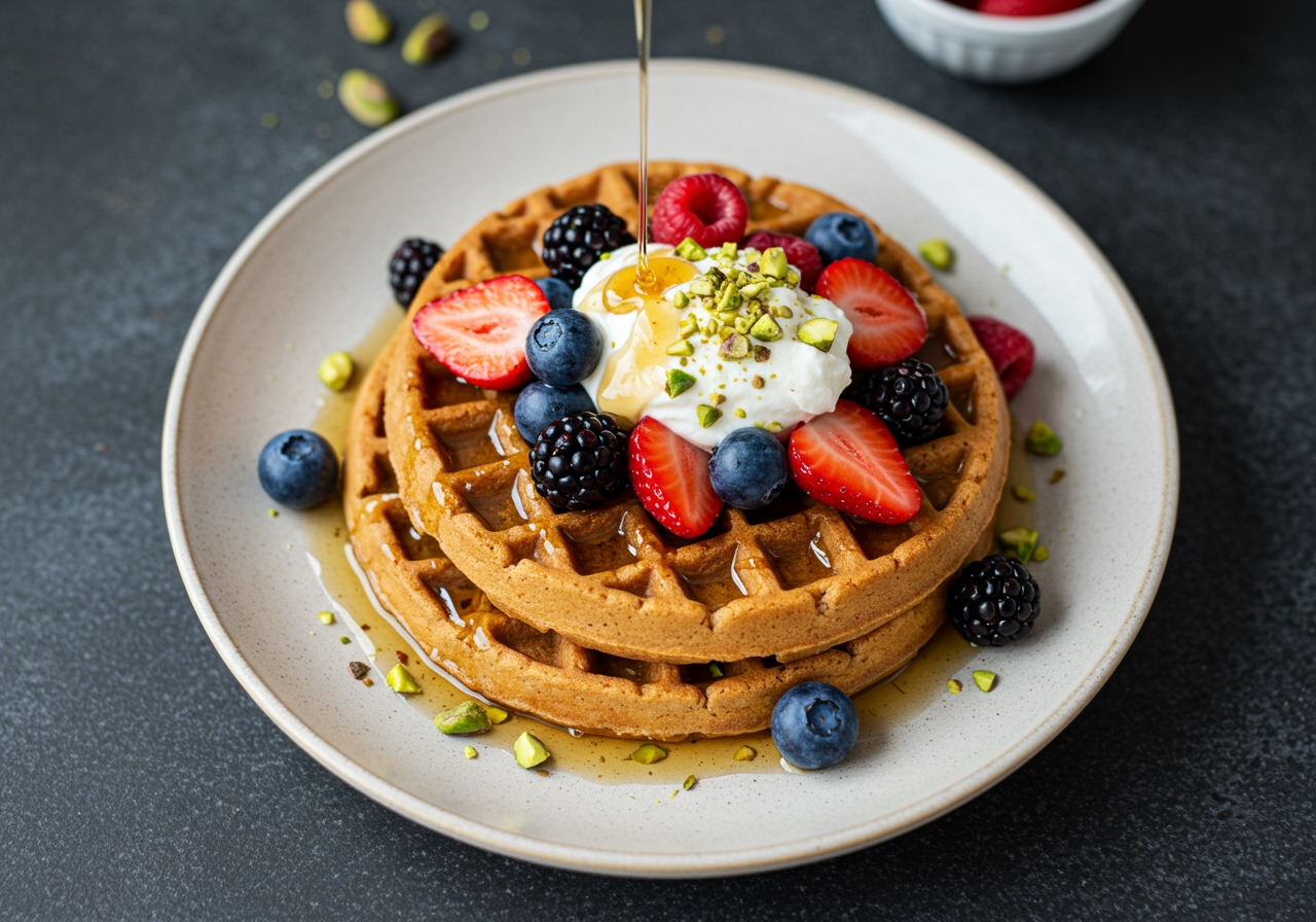 A beautifully arranged plate of vegan waffles topped with fresh mixed berries, a dollop of coconut whipped cream, and a generous drizzle of maple syrup, with a sprinkle of chopped pistachios.