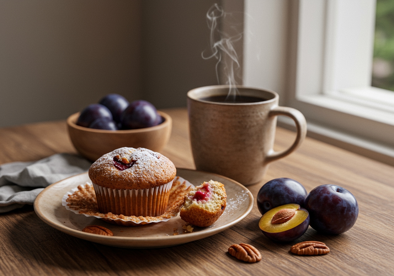 A beautifully arranged plate with a plum and pecan muffin, a cup of coffee, and a small bowl of fresh plums and pecans, suggesting a cozy snack time.