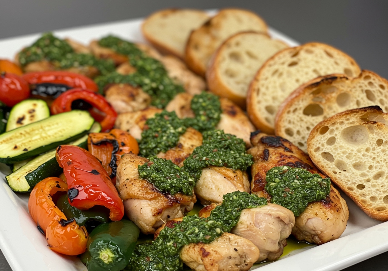 A beautifully arranged platter featuring various dishes with chimichurri sauce: grilled chicken, roasted vegetables (bell peppers, zucchini), and crusty bread, all presented appealingly.