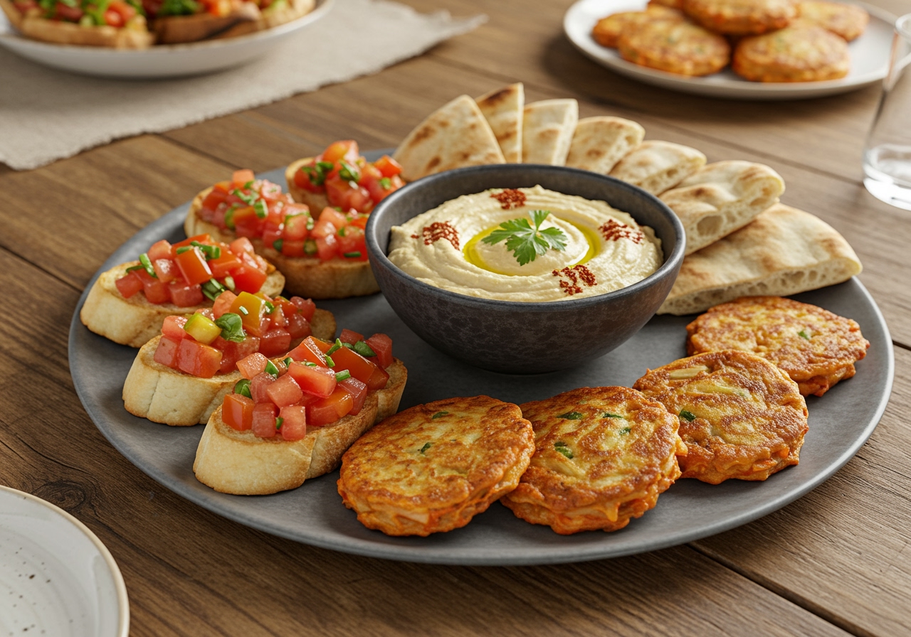 A beautifully arranged platter of assorted international appetizers, including colorful bruschetta, a bowl of creamy hummus with pita bread, and small Korean kimchi pancakes. The table is adorned with rustic decor.
