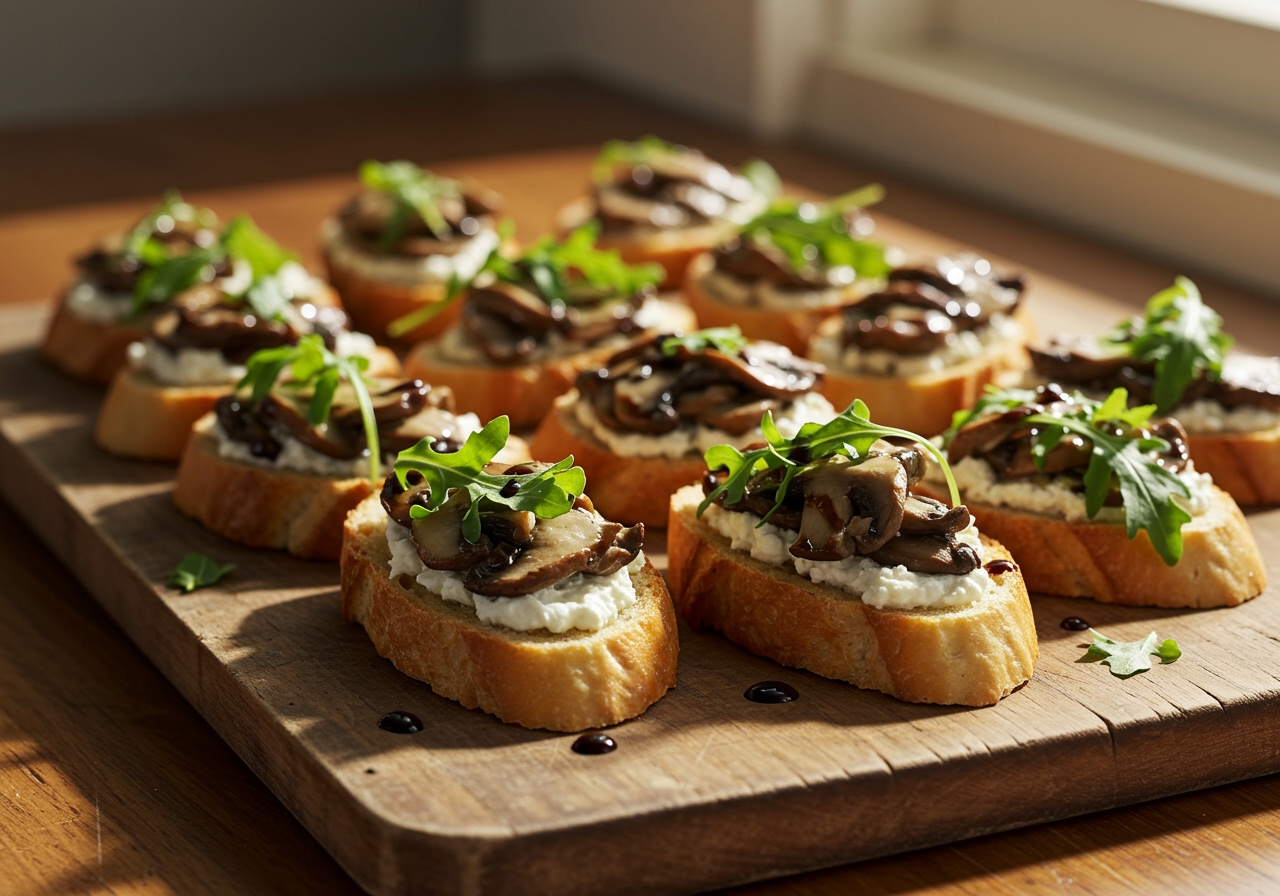 A beautifully arranged platter of bruschetta, featuring herb goat cheese and mushroom toppings, with some pieces garnished with balsamic glaze and fresh arugula, on a rustic wooden board.