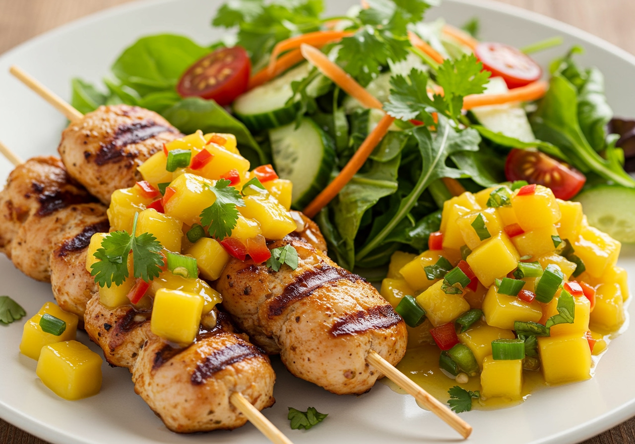 A beautifully arranged serving of spicy mango relish with grilled chicken skewers on a bed of vibrant green salad, garnished with fresh cilantro. The relish glistens invitingly.