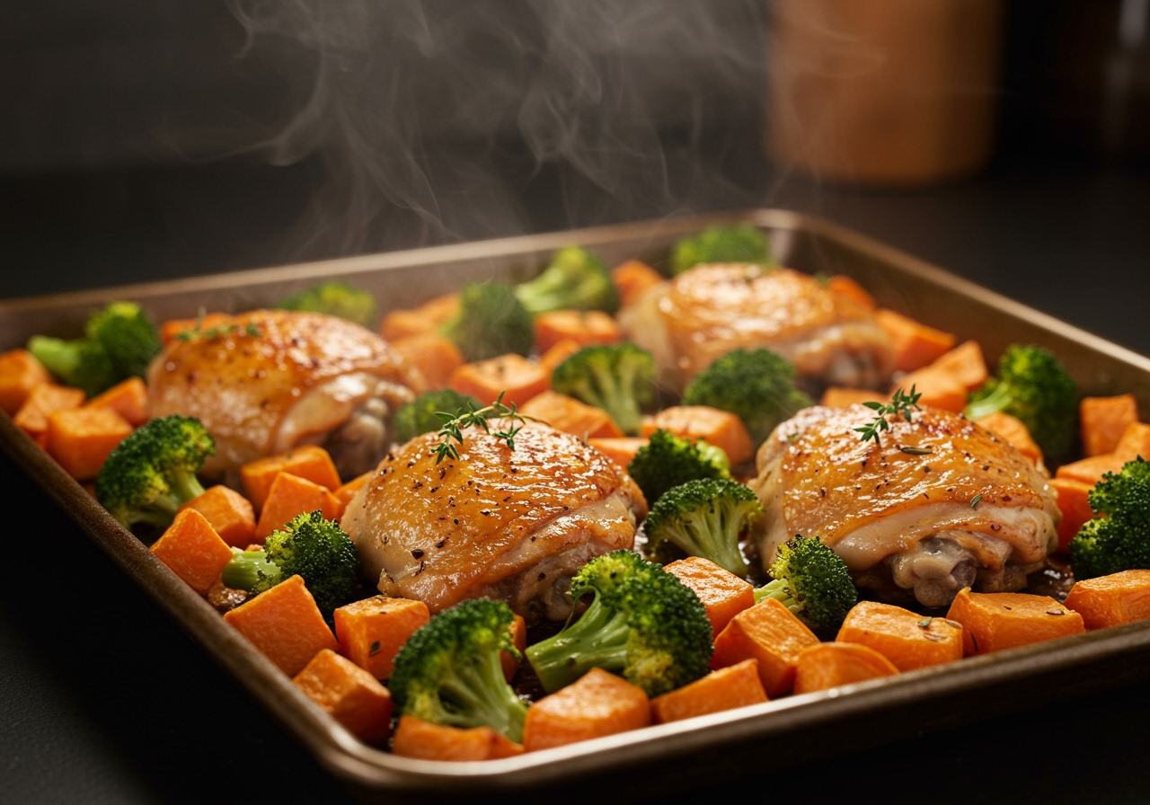 A beautifully arranged sheet pan dinner with roasted chicken thighs, broccoli, and sweet potatoes, fresh out of the oven, with steam rising.