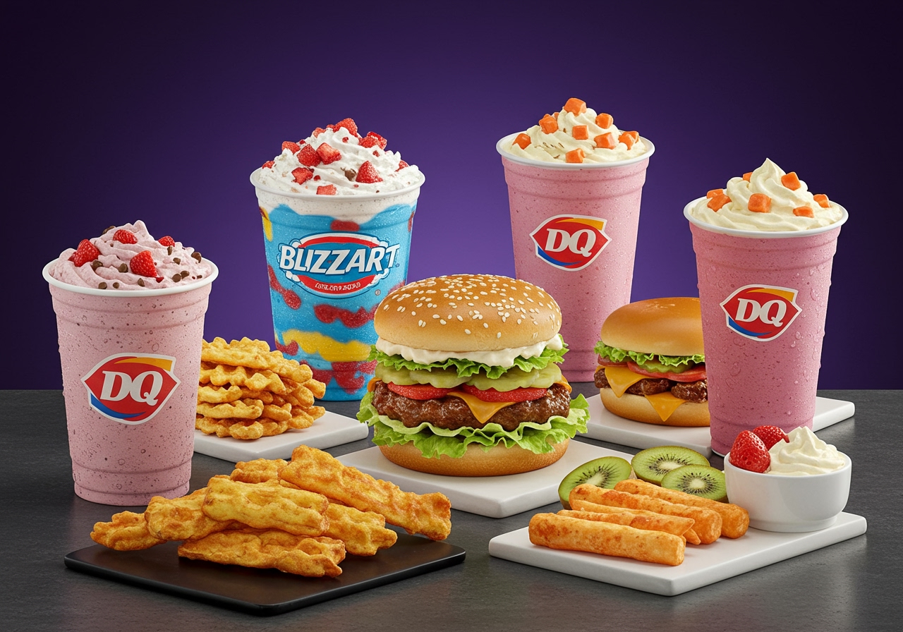 A beautifully arranged spread of various Dairy Queen 2025 new menu items, including a colorful new Blizzard, a gourmet burger, a refreshing fruit smoothie, and a healthy snack option. The presentation is appealing and high-quality.