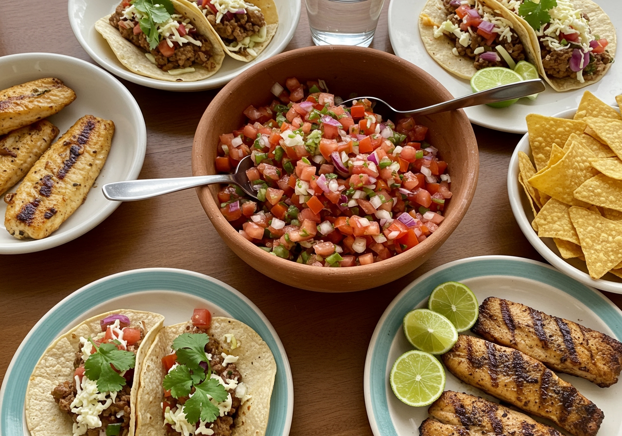 A beautifully arranged table showcasing various Mexican dishes. A large bowl of pico de gallo sits centrally, surrounded by soft-shell tacos, grilled fish with lime, and corn chips, all in natural daylight.