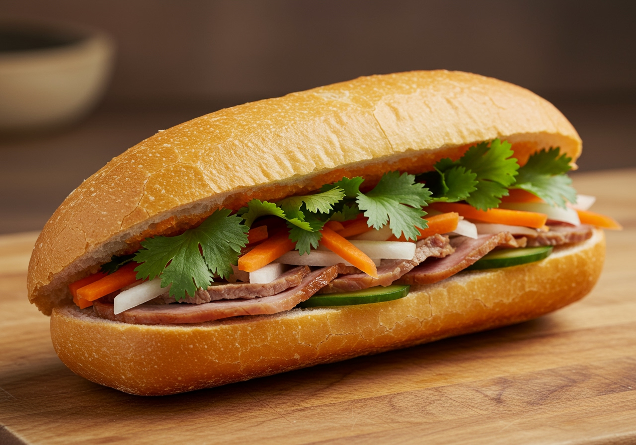 A beautifully arranged Vietnamese Banh Mi sandwich, showing the crispy baguette, colorful pickles, meat, and fresh herbs spilling slightly from the bread.