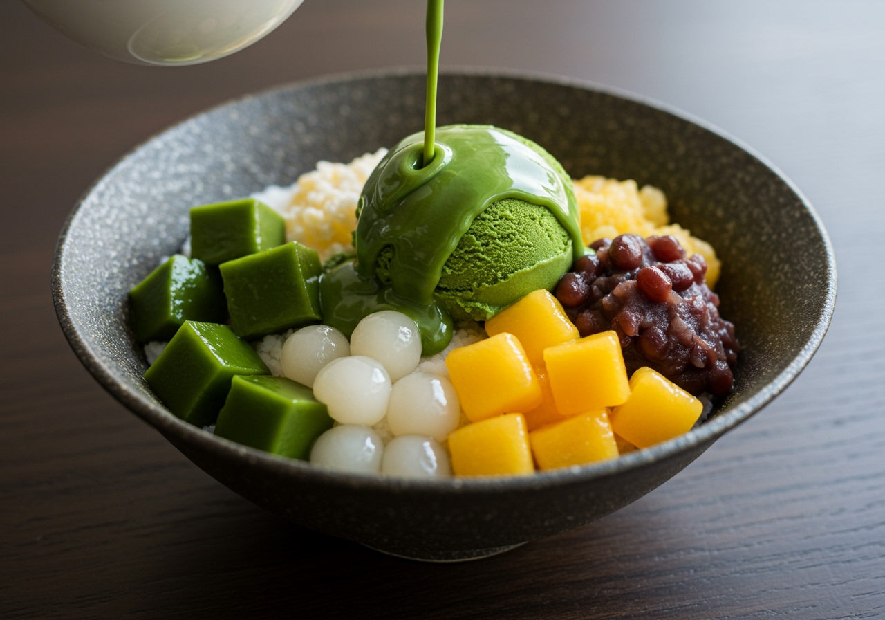 A beautifully assembled bowl of homemade Matcha Anmitsu with cubed green matcha kanten, white shiratama, red bean paste, colorful fruits, and a scoop of matcha ice cream, with kuromitsu being poured over it.