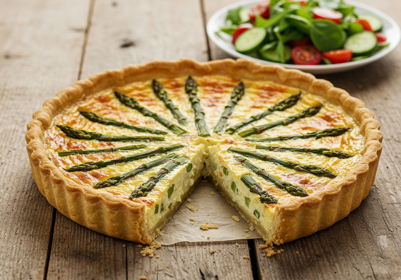 A beautifully baked asparagus quiche, golden brown crust, vibrant green asparagus tips protruding from a creamy custard filling, on a rustic wooden table with a side salad.