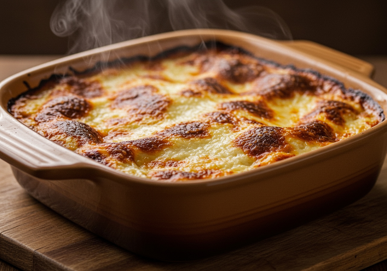 A beautifully baked lasagna in a ceramic dish, golden brown and bubbling, with steam rising.