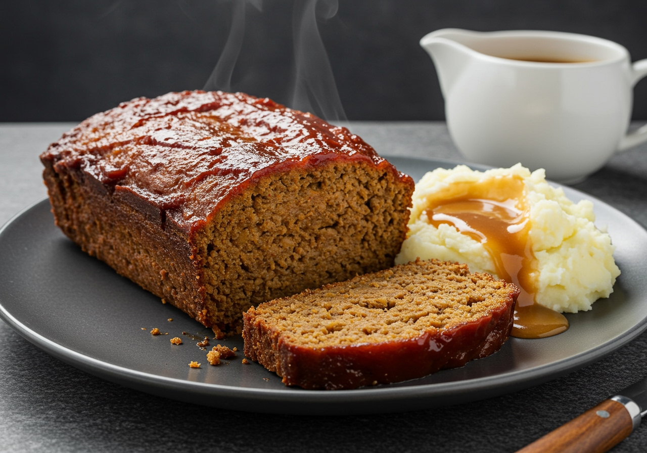 A beautifully baked lentil meatloaf, sliced, with steam gently rising, served on a plate with mashed potatoes and gravy. The loaf has a rich brown color and a glossy glaze.