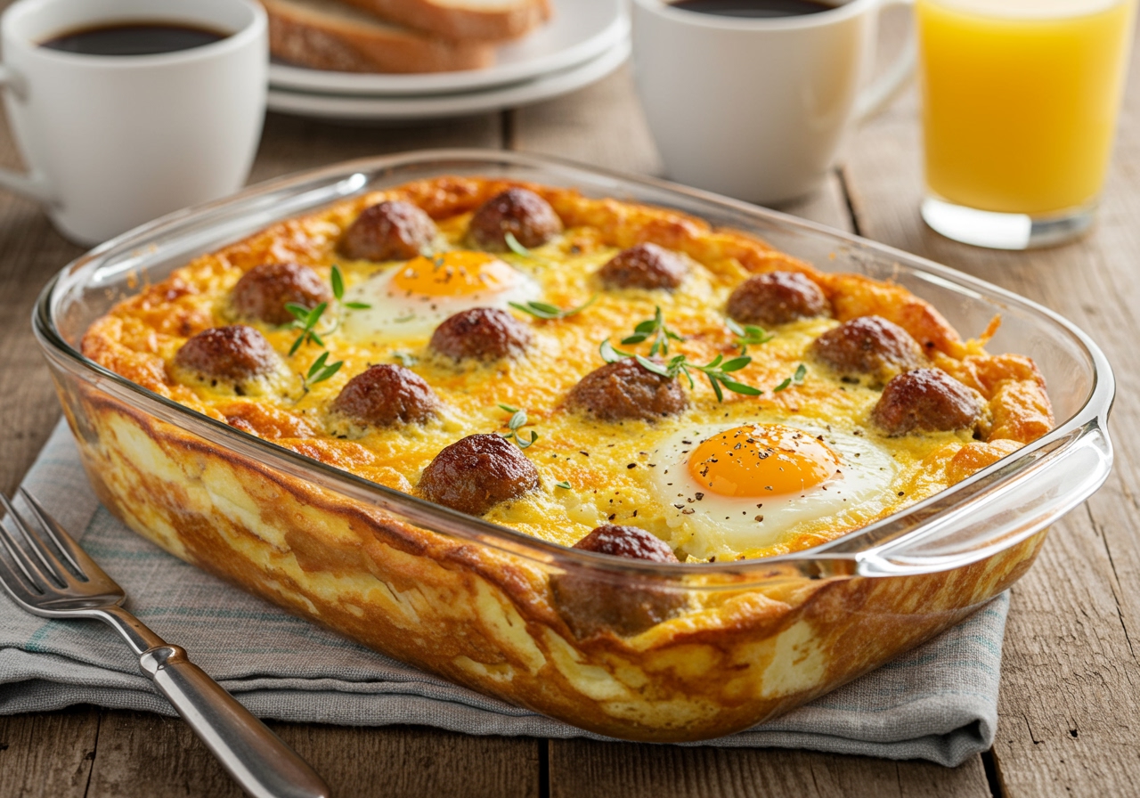 A beautifully baked sausage and egg brunch casserole, golden brown and bubbly, with fresh herbs sprinkled on top, served on a rustic wooden table with coffee and orange juice in the background.
