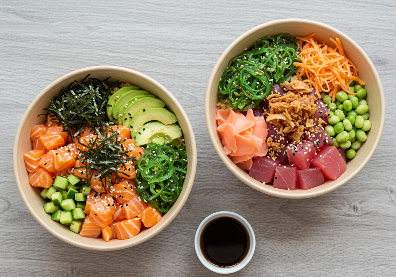 A beautifully composed overhead shot of two different poke bowls side-by-side, one with salmon and avocado, another with tuna, showcasing different toppings like seaweed salad, pickled ginger, and crispy shallots.