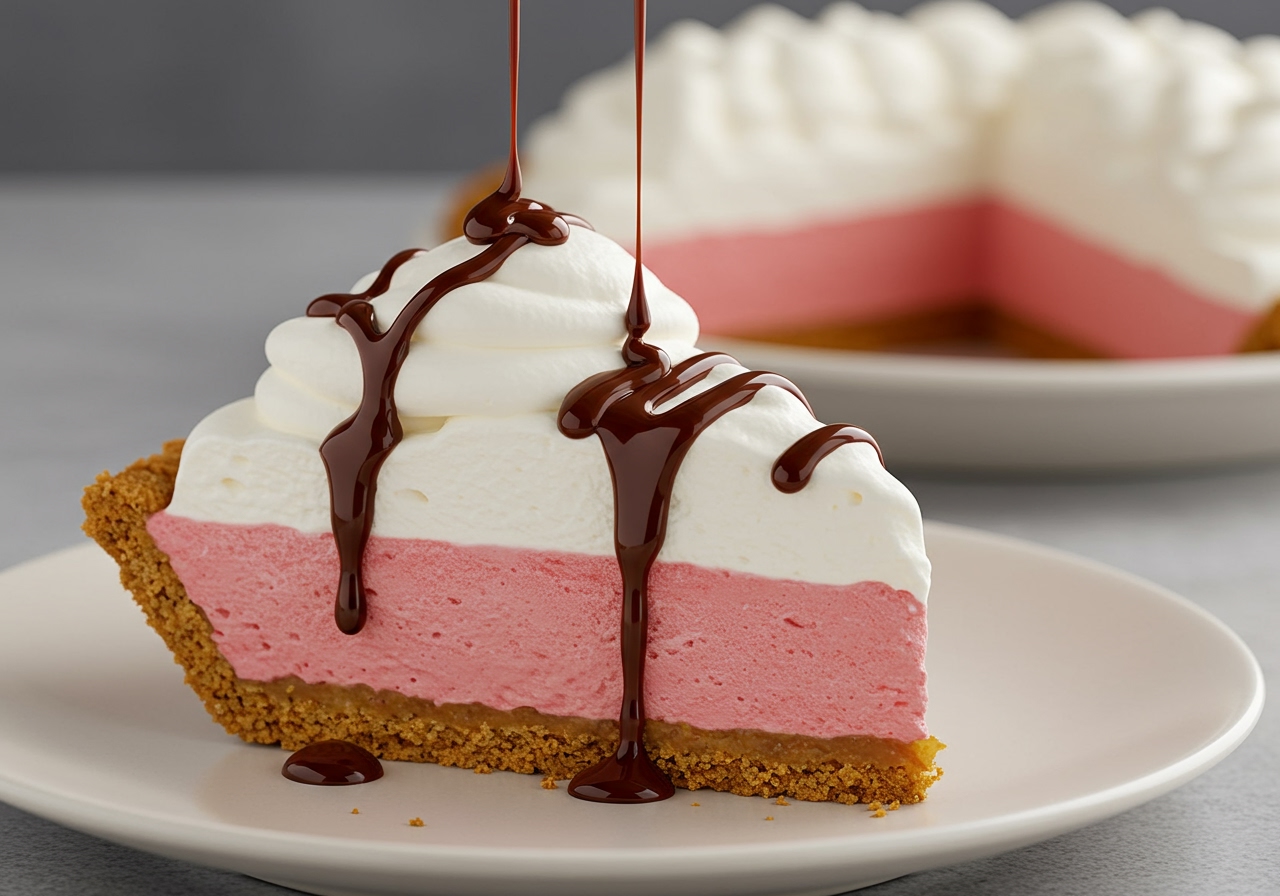 A beautifully composed shot of a slice of a classic ice cream pie with whipped cream topping and chocolate drizzle, showing the distinct layers.