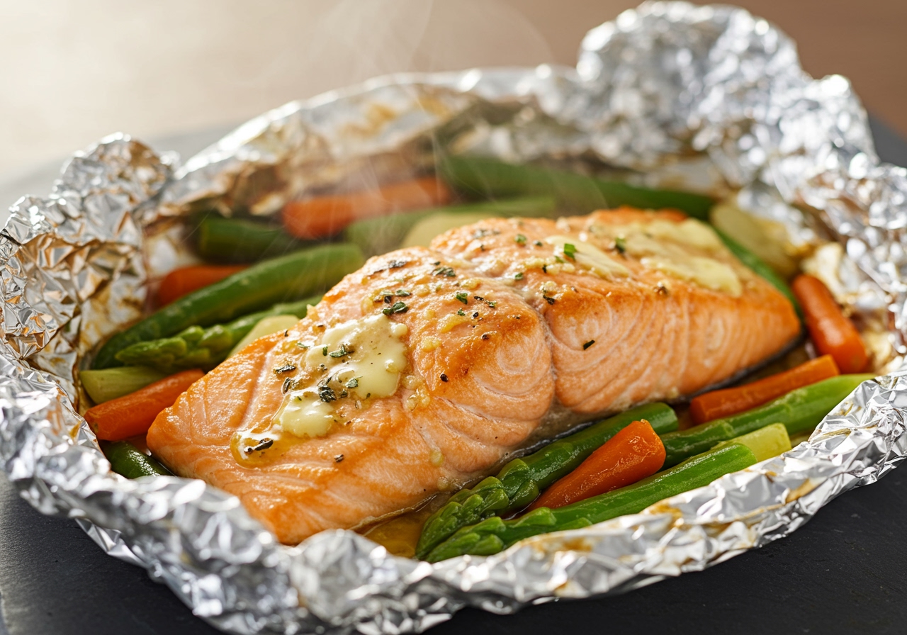 A beautifully cooked salmon fillet in foil with vegetables, just opened, steam rising, showing the delicious miso butter sauce.