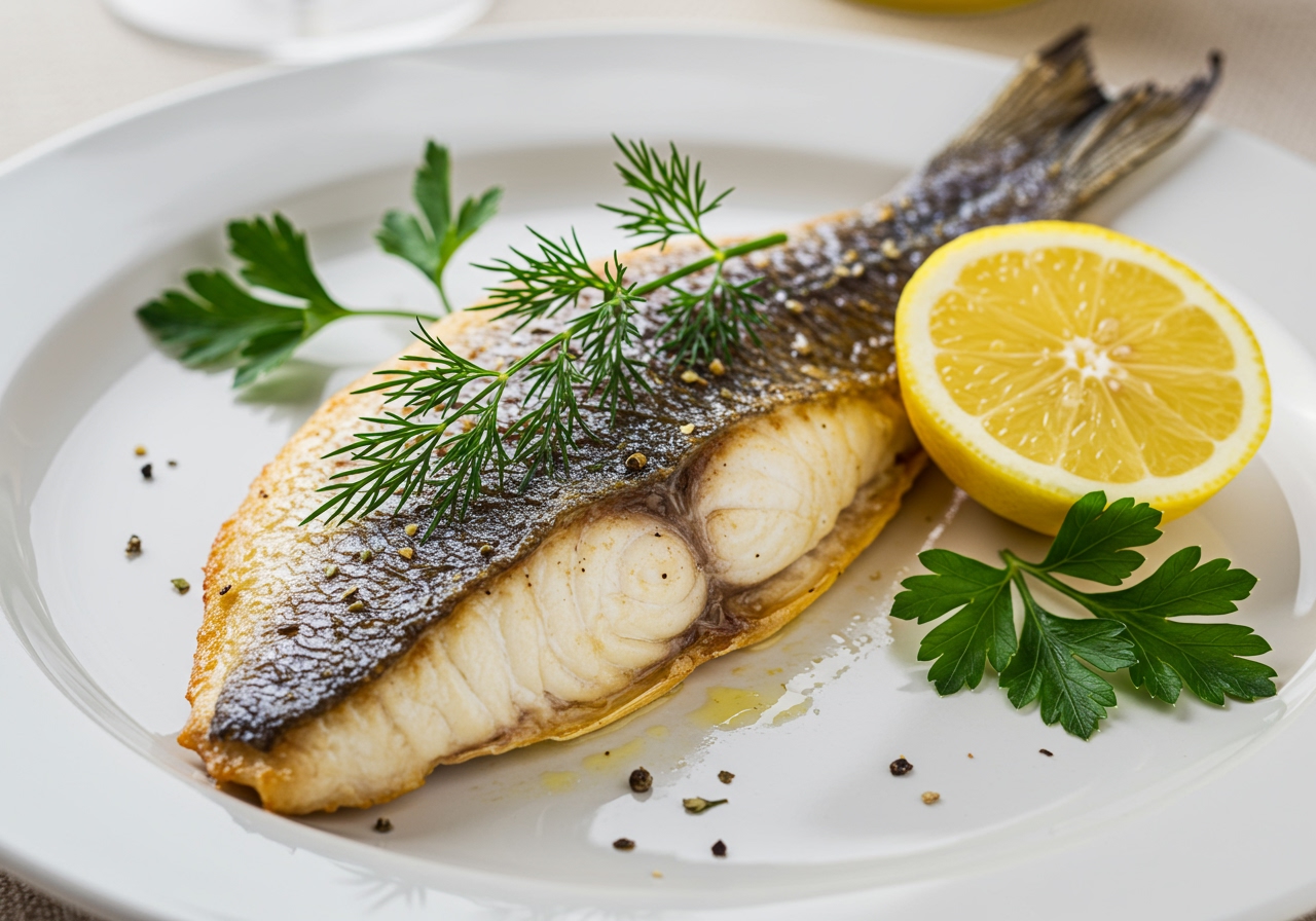 A beautifully cooked sea bream fillet on a plate, garnished with herbs and a lemon wedge. It looks golden brown and juicy.