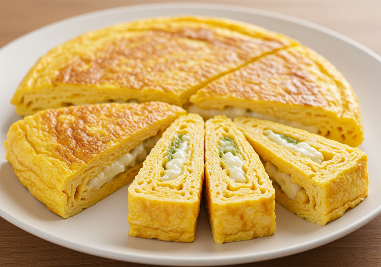 A beautifully cooked tamagoyaki with shirasu and cheese inside, sliced and arranged nicely on a plate.