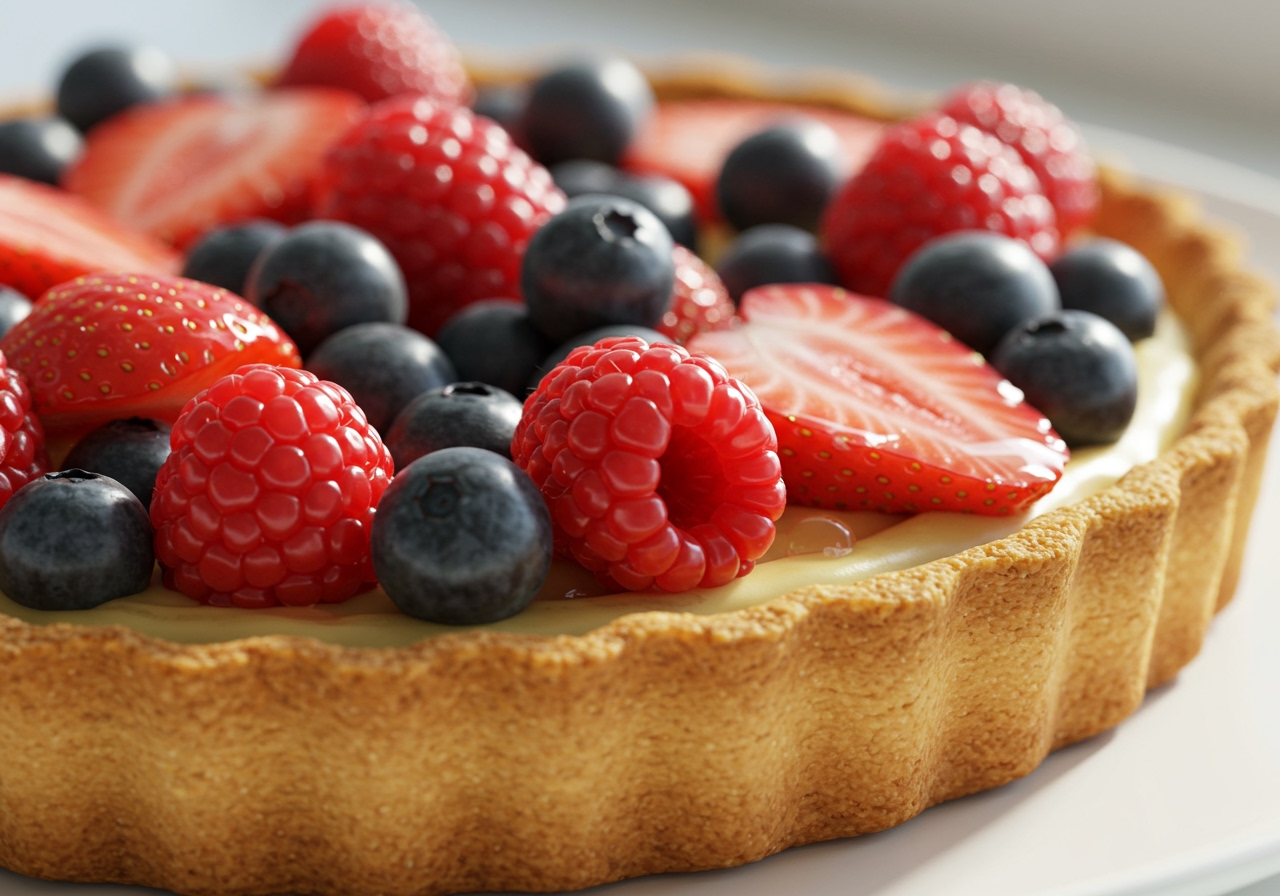 A beautifully decorated dessert (like a tart or pie) made with a gluten-free cookie crumb crust.