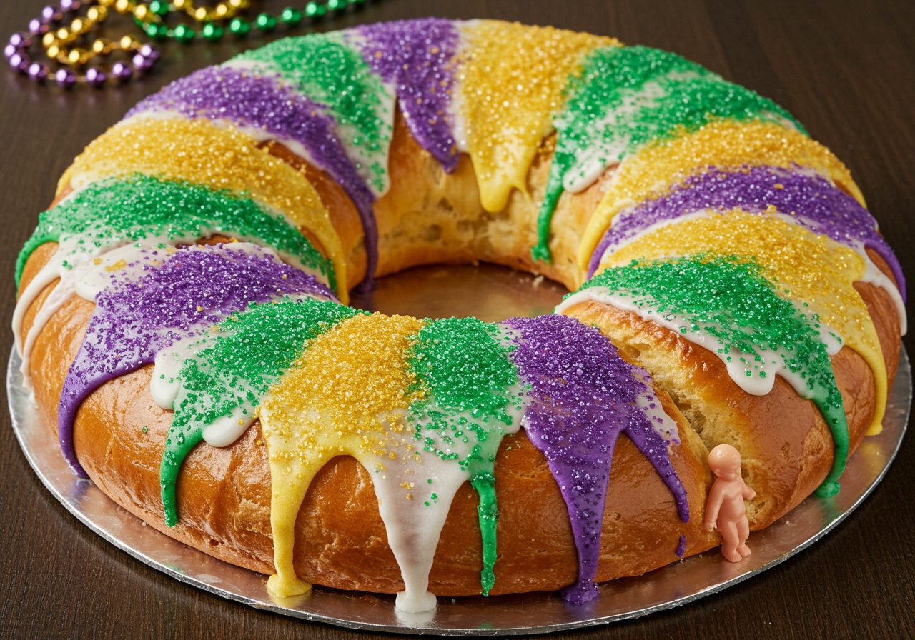 A beautifully decorated King Cake, a brioche-like pastry ring covered in purple, green, and gold icing and sprinkles, with a small plastic baby figure subtly peeking out from the side.