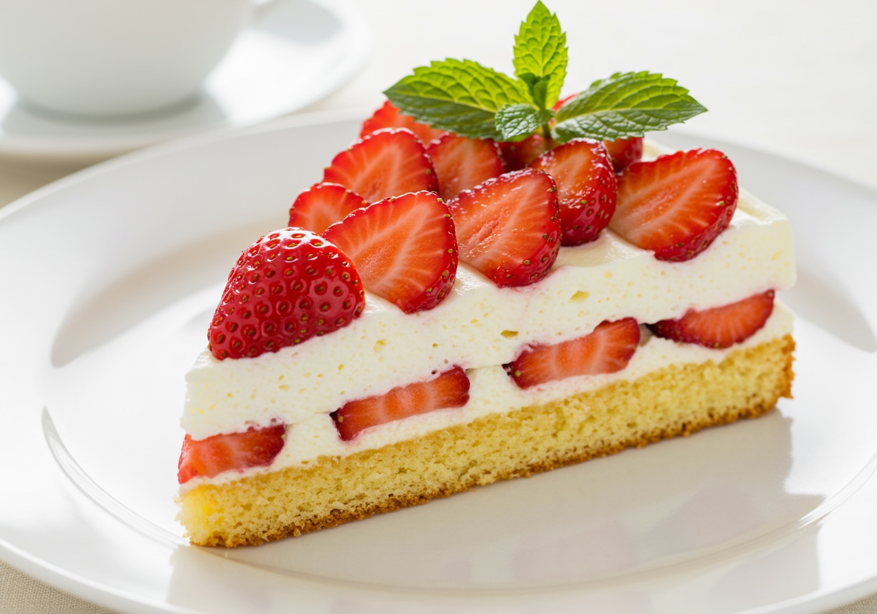 A beautifully decorated strawberry and cream cake slice on a white plate, with fresh strawberries and a mint sprig.