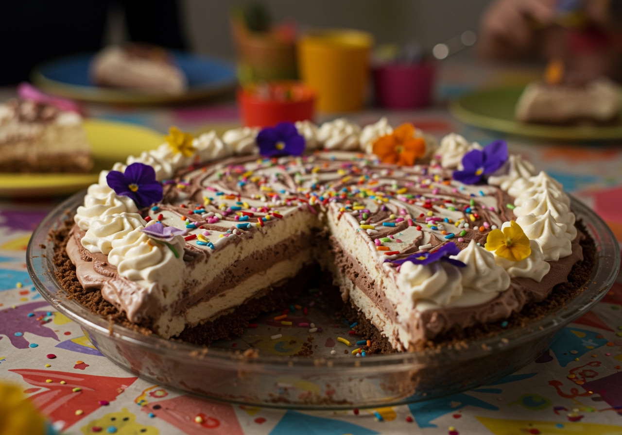 A beautifully decorated whole ice cream pie on a party table