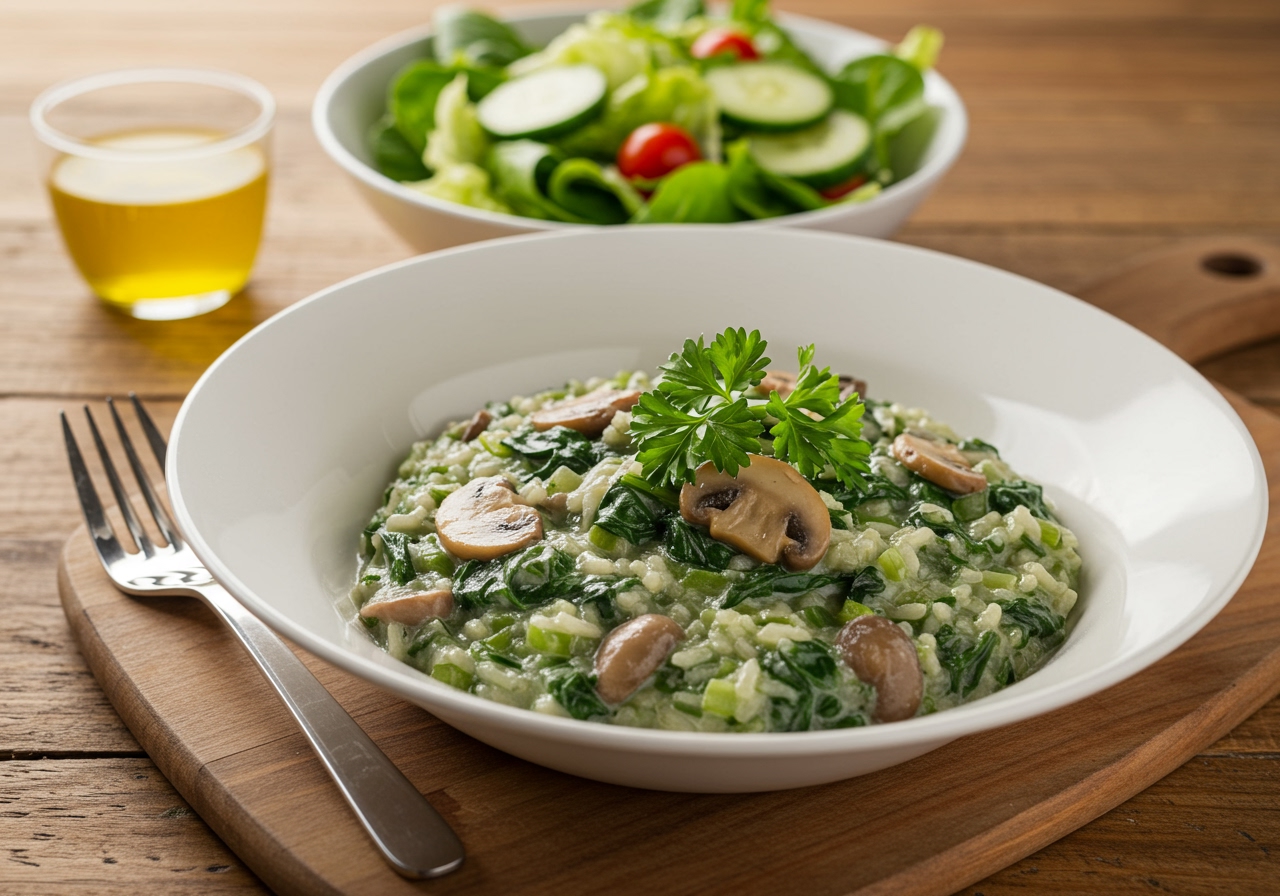 A beautifully garnished bowl of creamy keto spinach mushroom tomato risotto, served with a side of fresh green salad with a light vinaigrette. Natural light setting.