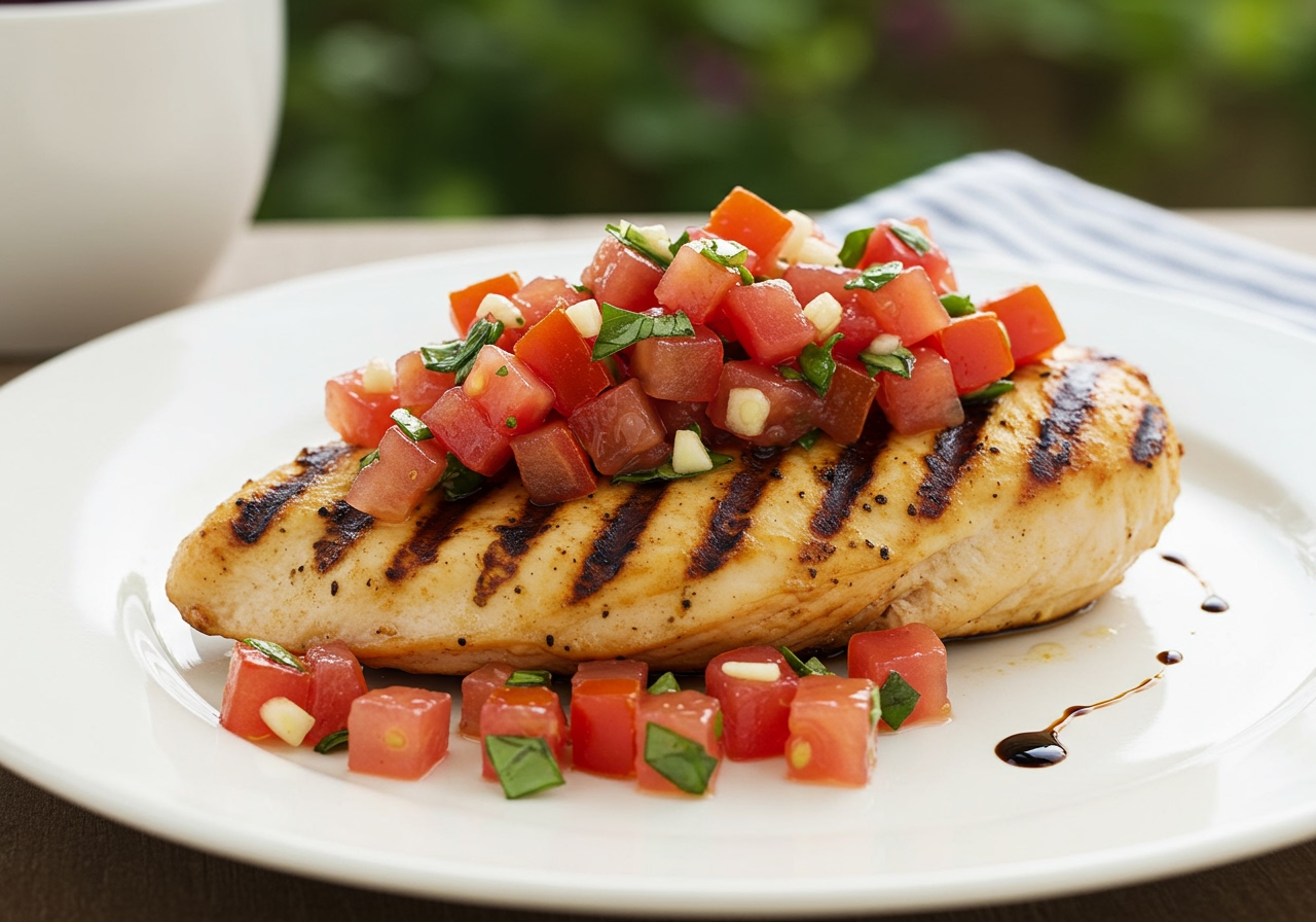 A beautifully grilled chicken breast topped generously with a vibrant red tomato, green basil, and white garlic bruschetta mixture, perhaps with a drizzle of balsamic glaze, set against a summer outdoor background.