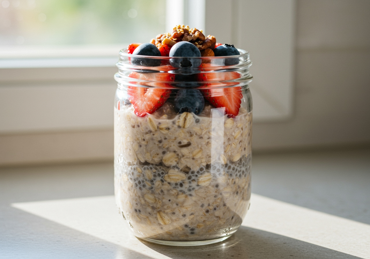 A beautifully layered overnight oats in a glass jar, topped with fresh berries and nuts, with morning light in the background.