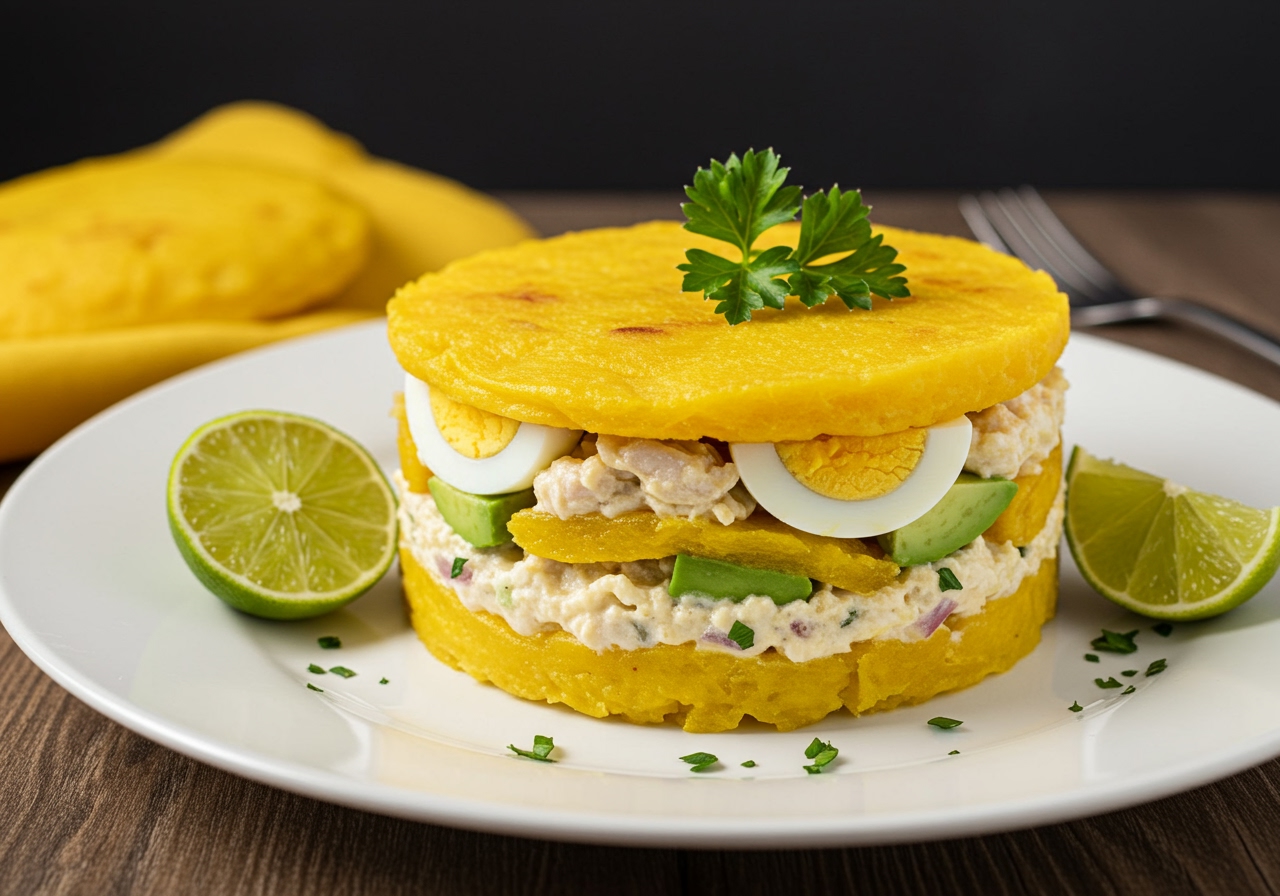 A beautifully layered Peruvian Causa Rellena, vibrant yellow potato layers alternating with a creamy filling of chicken, avocado, and hard-boiled egg. Garnished with parsley and a lime wedge on a white plate.
