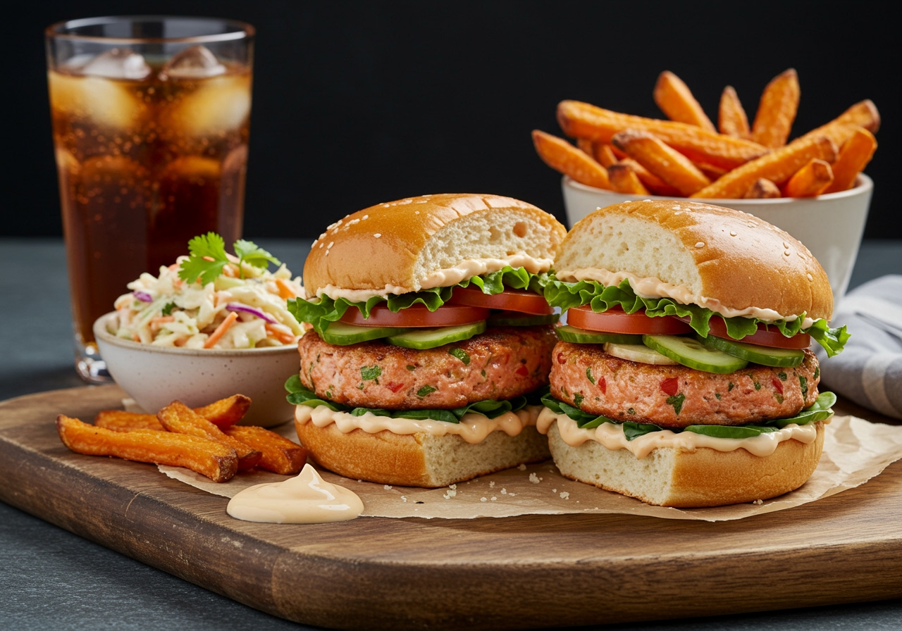 A beautifully plated Asian salmon burger, cut in half to show the juicy salmon patty, vibrant fresh toppings, and creamy Asian mayo sauce generously drizzled. It is served on a rustic wooden board with a side of Asian-inspired coleslaw and crispy sweet potato fries, with a glass of iced tea in the background.