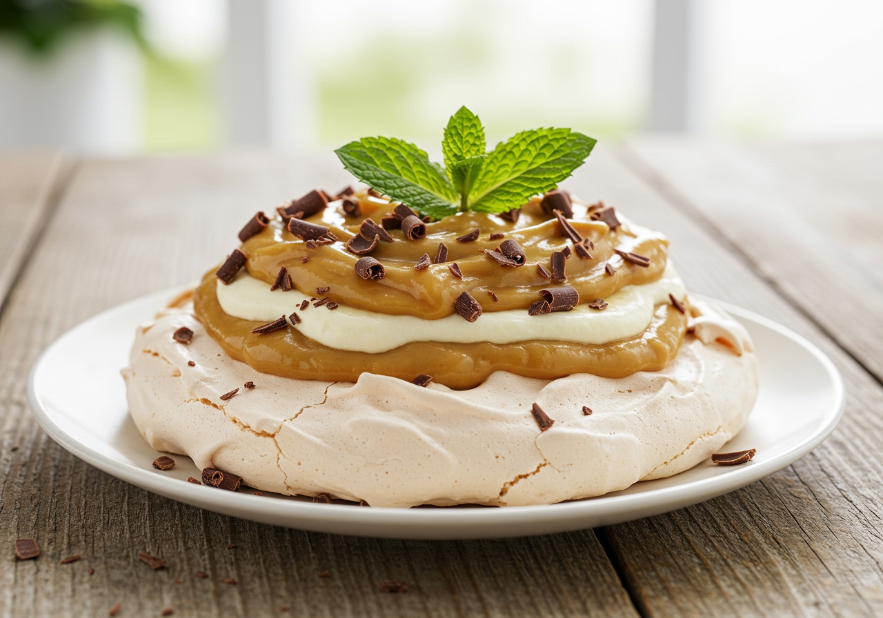 A beautifully plated Banoffee Pavlova on a rustic wooden table, garnished with chocolate shavings and a mint leaf, with a bright, airy background.