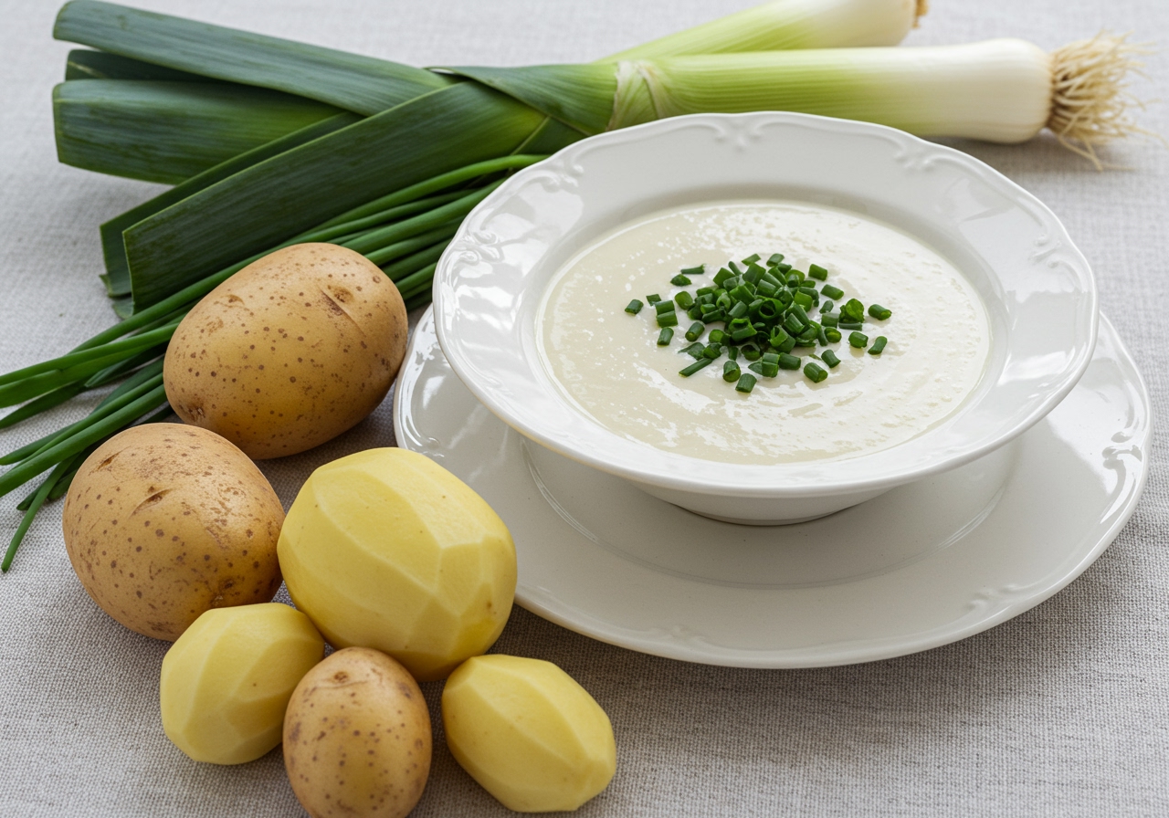 A beautifully plated bowl of cold vichyssoise soup, garnished with chives, next to fresh leeks and potatoes.