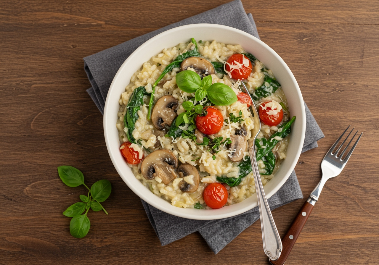 A beautifully plated bowl of creamy keto risotto, rich with spinach, mushrooms, and diced tomatoes. Garnish with fresh herbs and a sprinkle of cheese. Overhead shot on a wooden table.