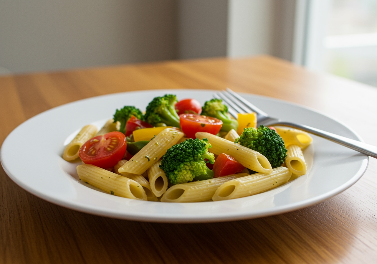 A beautifully plated bowl of Healthy Penne Rustica on a table with a fork ready to be eaten, showing vibrant colors.