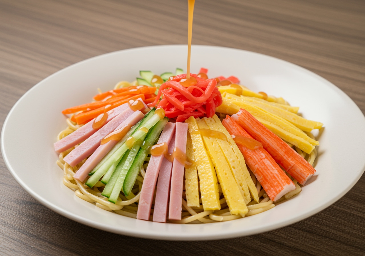 A beautifully plated bowl of Hiyashi Chuka with vibrant colors: golden noodles topped with red ham, green cucumber, yellow omelet, red crab sticks, and a small pile of red pickled ginger in the center, with sauce being drizzled over.