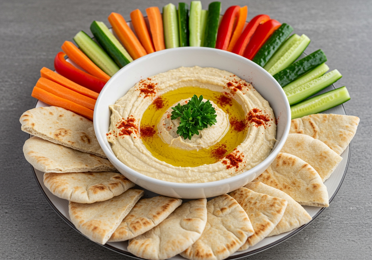 A beautifully plated bowl of homemade hummus, drizzled with olive oil, sprinkled with paprika and fresh parsley, surrounded by colorful vegetable sticks (carrots, cucumbers, bell peppers) and warm pita bread.