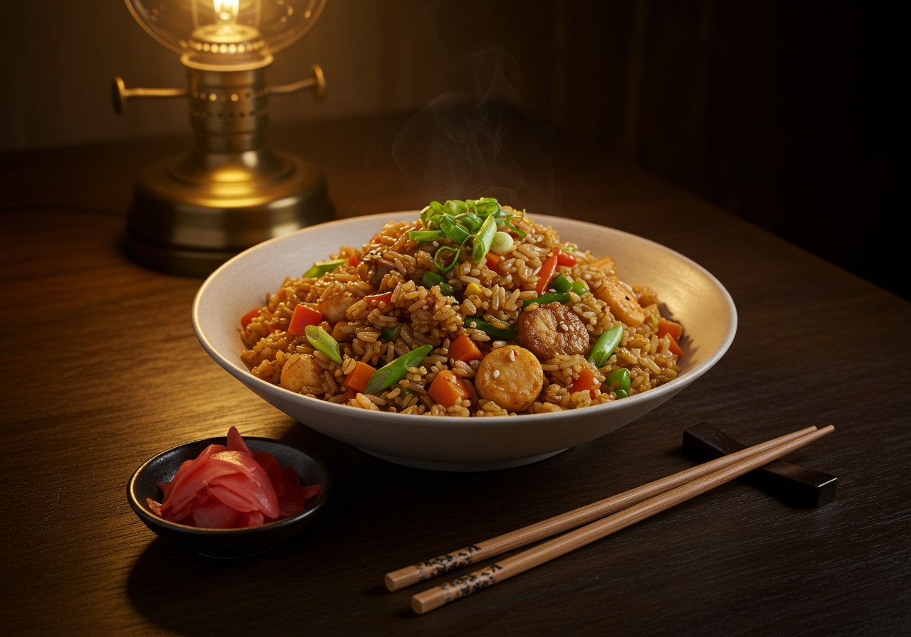 A beautifully plated bowl of homemade takeout-style fried rice with chopsticks, garnished with fresh green onions and a side of pickled ginger, in a warm, inviting setting.