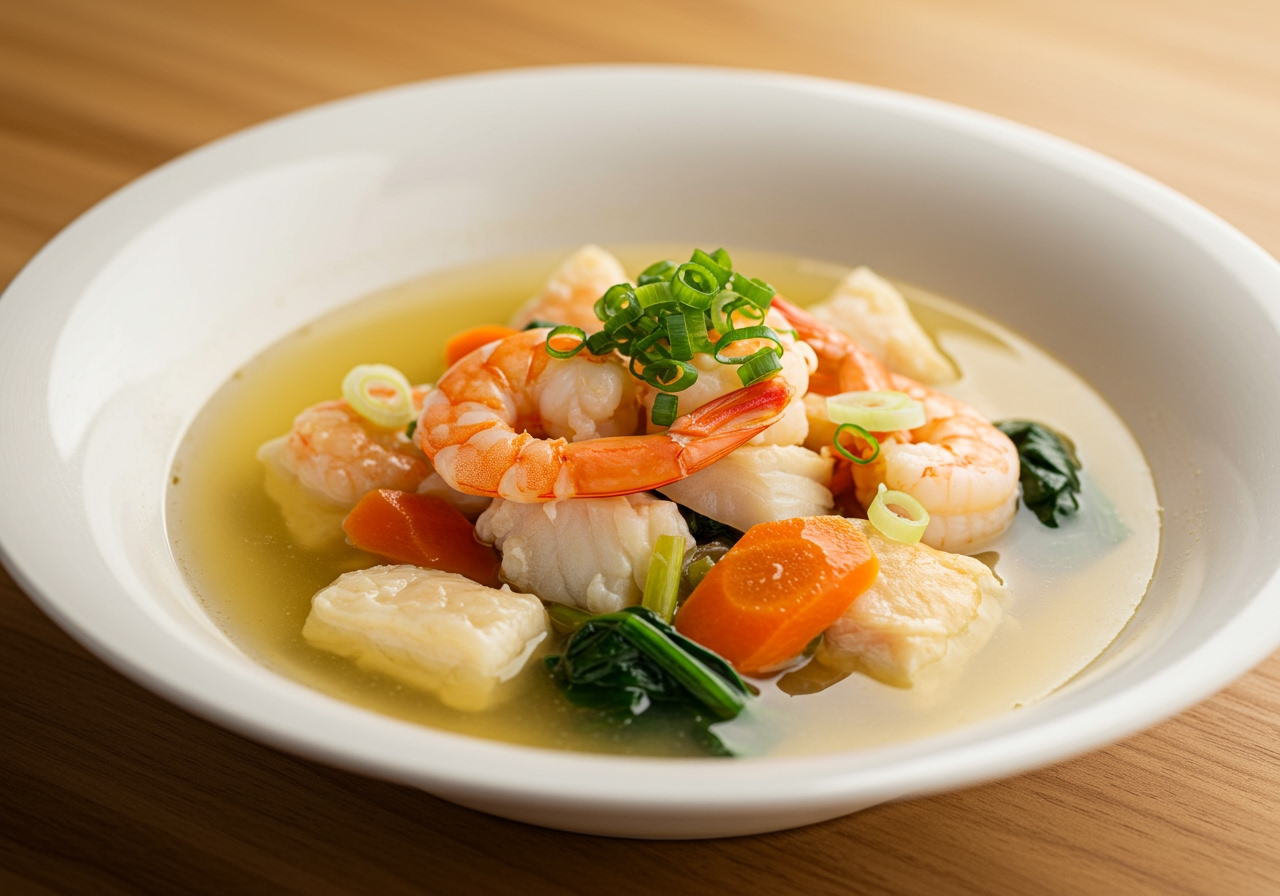 A beautifully plated bowl of seafood zosui with visible pieces of shrimp, fish, and colorful vegetables, garnished with chopped green onions.