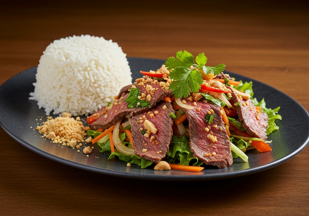 A beautifully plated Cambodian lemongrass beef salad, garnished with fresh herbs and crushed peanuts, with a side of rice.