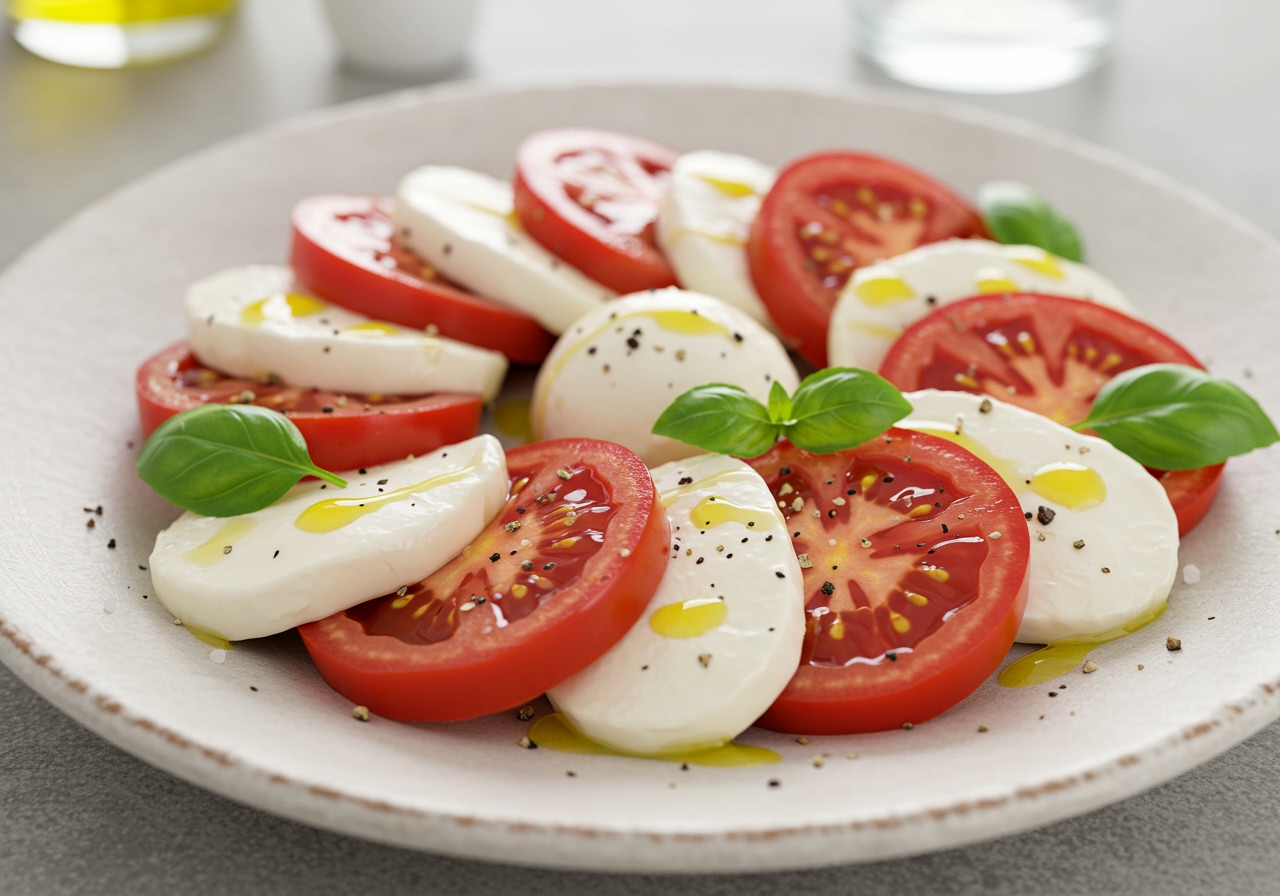 A beautifully plated classic Caprese salad with ripe tomatoes, fresh mozzarella, vibrant basil, drizzled with olive oil and sprinkled with salt and pepper.