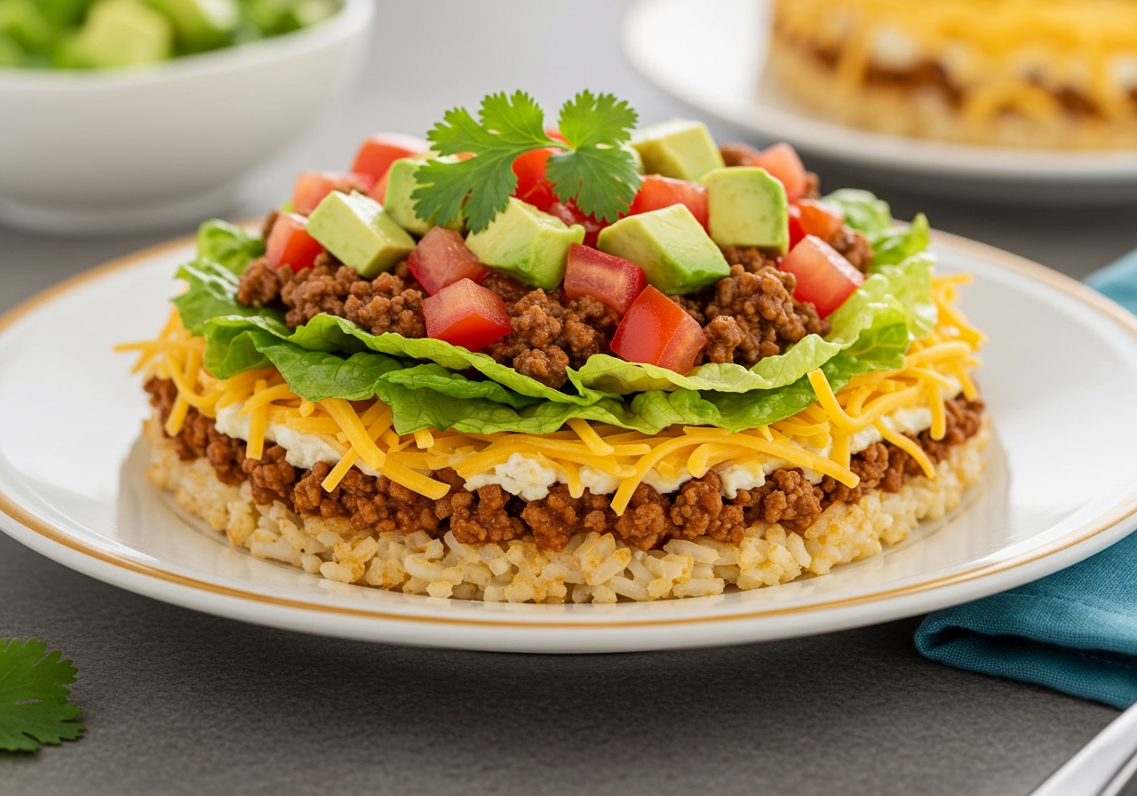 A beautifully plated, close-up shot of Doria Taco Salad, showing its distinct layers of golden-brown cheese and rice base, topped with vibrant green lettuce, red tomatoes, creamy avocado, and seasoned ground meat, garnished with fresh cilantro.