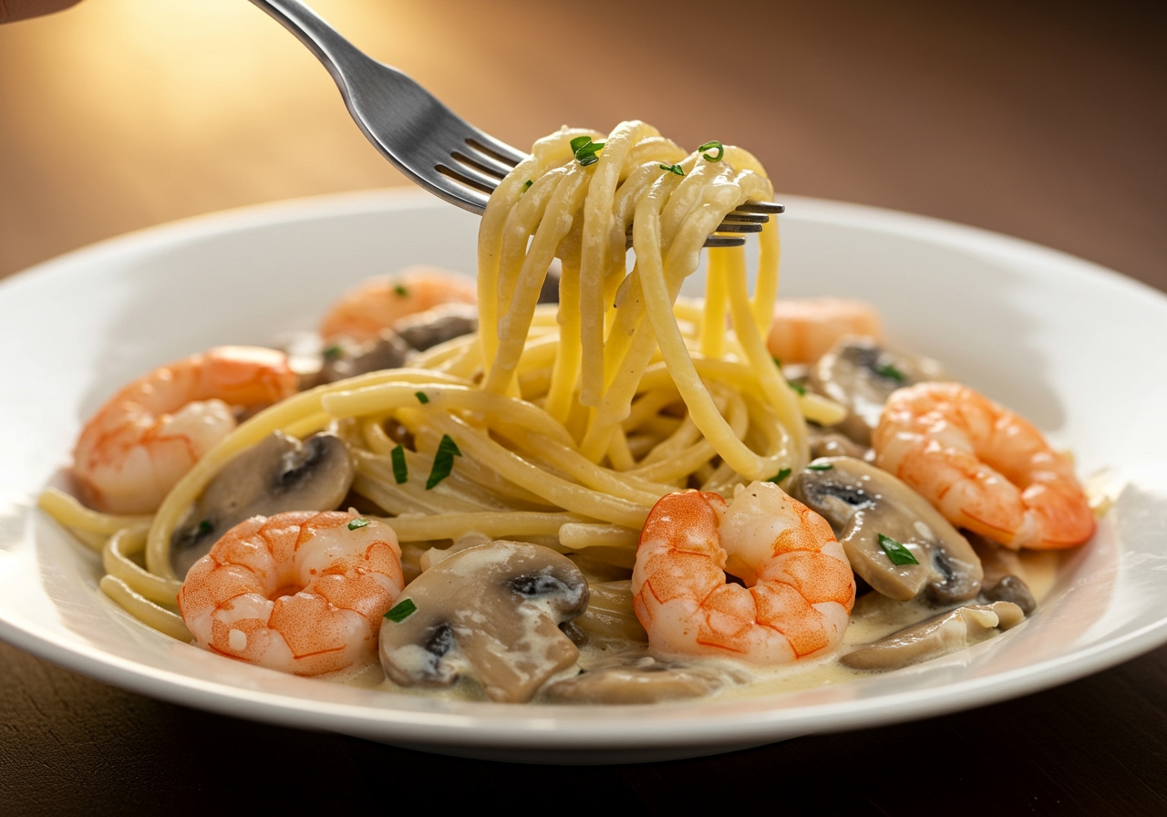 A beautifully plated creamy shrimp and mushroom pasta dish, close-up view showing the texture of the sauce, shrimp, and mushrooms, with a fork twirling some pasta.